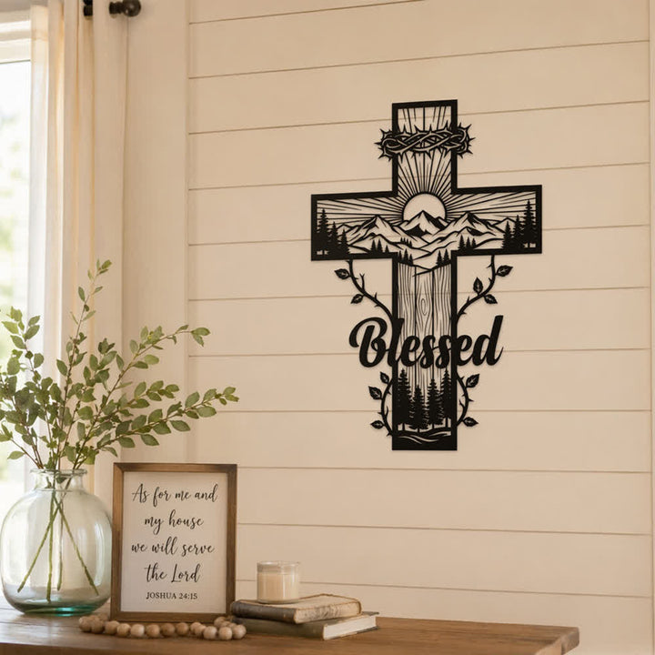 Christianartworkshop Vine Border Mountain Blessed Cross Metal Wall Decor: Symbol of Divine Blessing - image 3