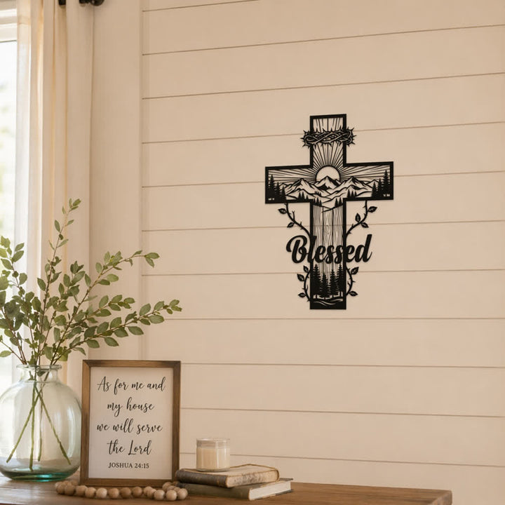 Christianartworkshop Vine Border Mountain Blessed Cross Metal Wall Decor: Symbol of Divine Blessing - image 2