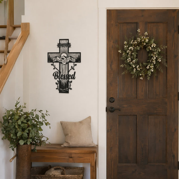 Christianartworkshop Vine Border Mountain Blessed Cross Metal Wall Decor: Symbol of Divine Blessing - image 4