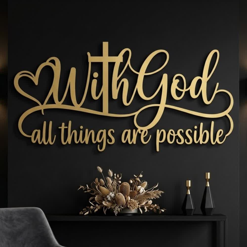 Christianartworkshop Golden Heart Cross With God All Things Possible Metal Wall Decor: Symbol of Boundless Divine Strength - image 0