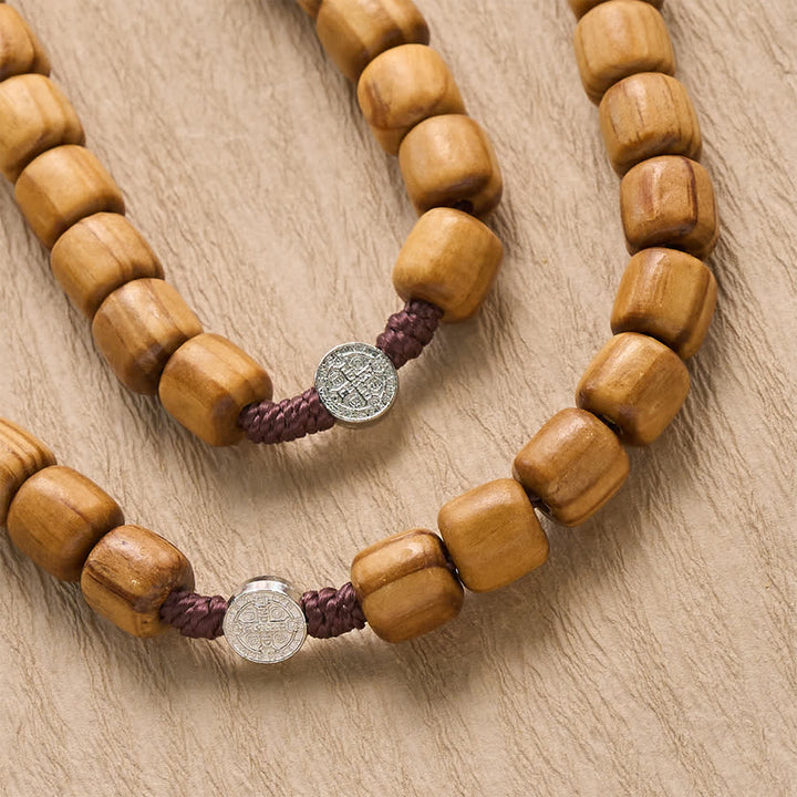 Christianartworkshop Natural Grain Barrel Timber Bead Knotted Cord Rosary With Mini Saint Benedict Medallions - image 3