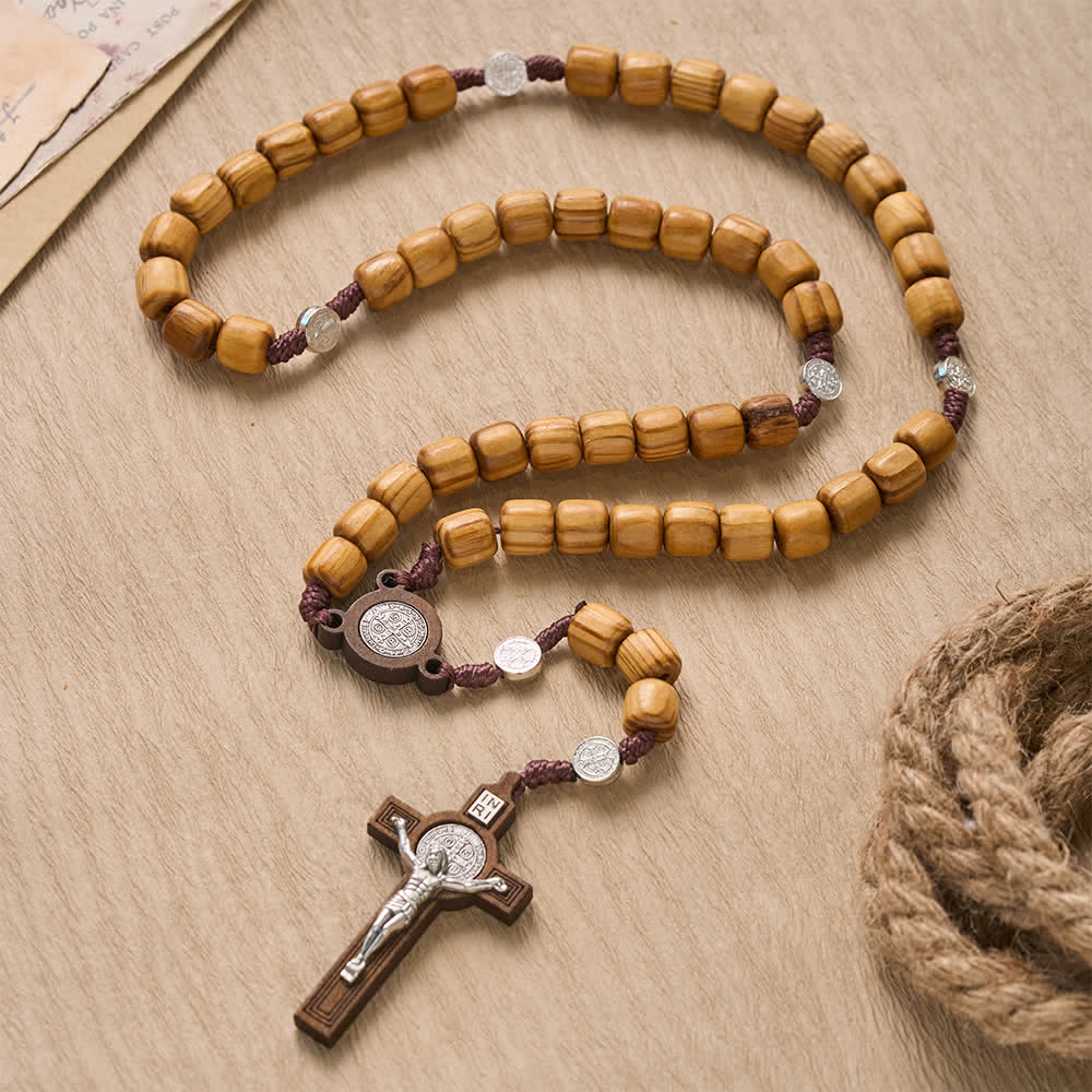 Christianartworkshop Natural Grain Barrel Timber Bead Knotted Cord Rosary With Mini Saint Benedict Medallions - Wood St.Benedict Rosary - image 0