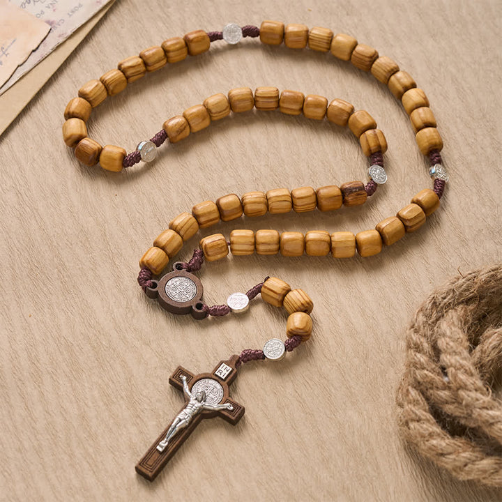 Christianartworkshop Natural Grain Barrel Timber Bead Knotted Cord Rosary With Mini Saint Benedict Medallions - Wood St.Benedict Rosary - image 0
