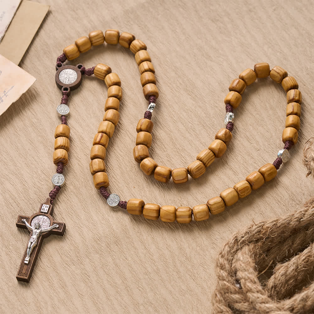 Christianartworkshop Natural Grain Barrel Timber Bead Knotted Cord Rosary With Mini Saint Benedict Medallions - image 1