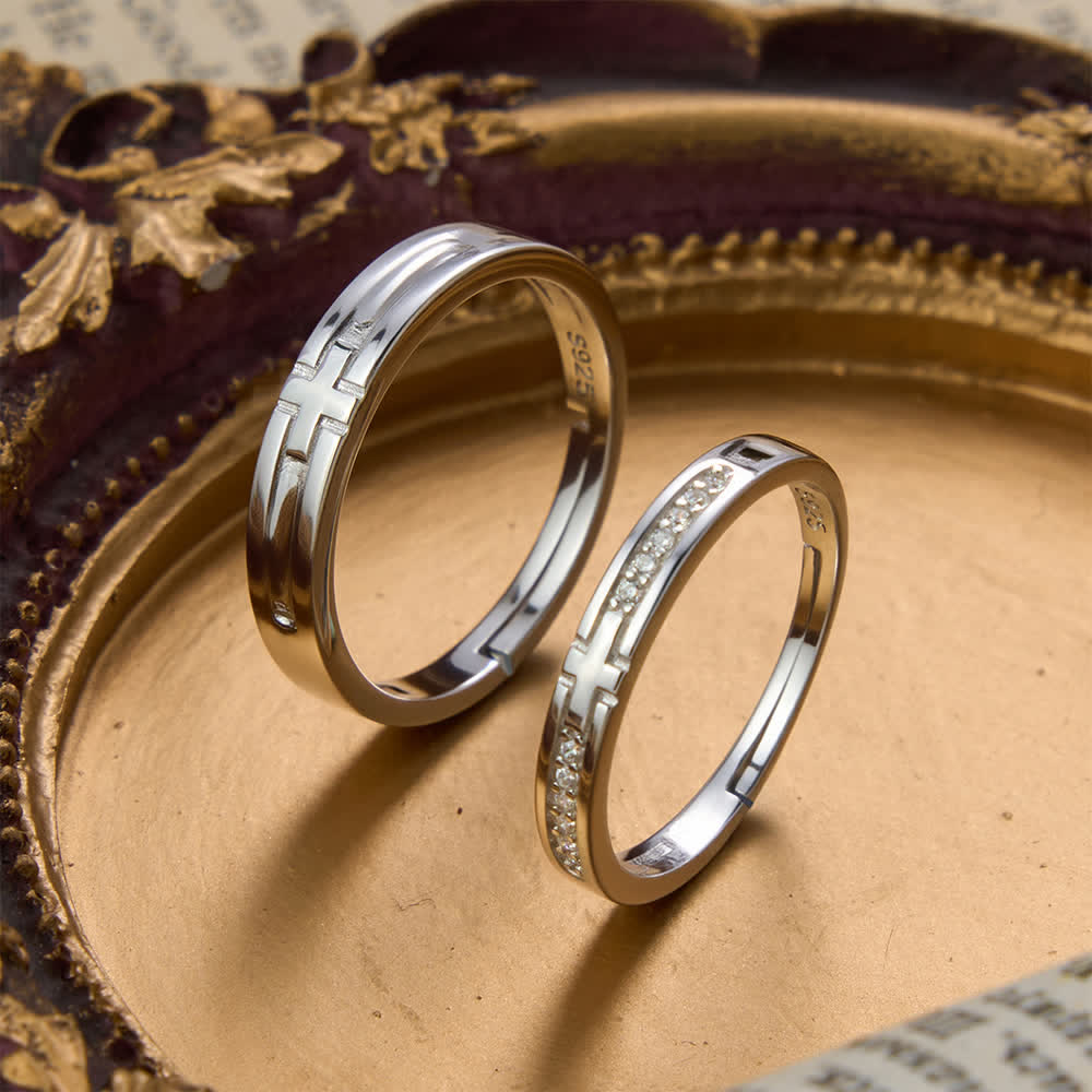 Christianartworkshop Dual Style Cross Sterling Silver Adjustable Couple Ring Set: Emblem of Unified Heavenly Covenant - A Set of 2 pcs（Suitable for US Sizes 6 - 11) - image 0