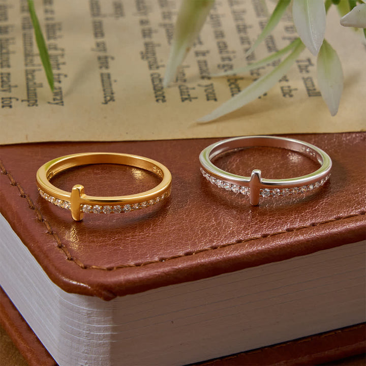 Christianartworkshop Dainty Side Raised Cross Half Pavé Zircon Sterling Silver Slim Band Ring: Emblem of Gentle Heavenly Guidance - image 1