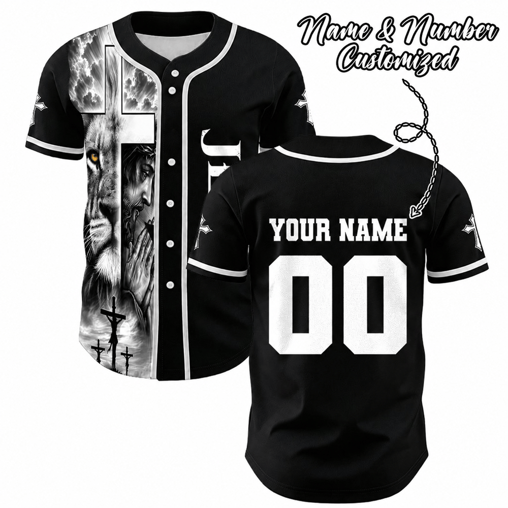 Christianartworkshop Lion Cross Jesus Faith Personalized Name Number Unisex Custom Baseball Jersey - 5XL - Name & Number Customized - image 0