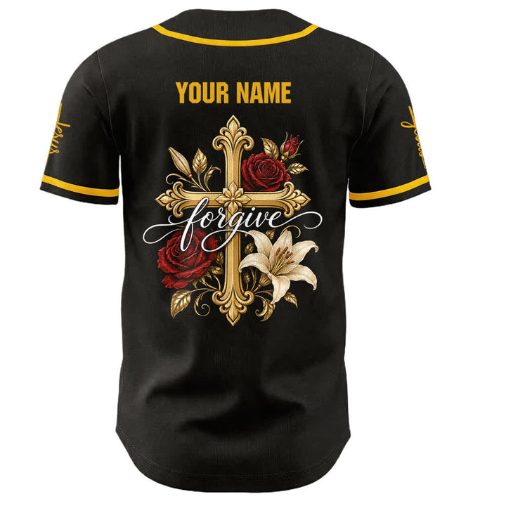 Christianartworkshop Jesus Forgive Golden Cross Red Rose Unisex Custom Baseball Jersey - image 2