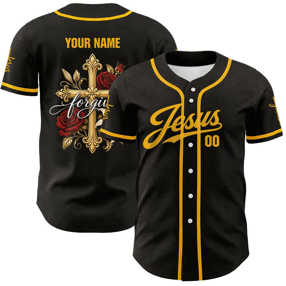 Christianartworkshop Jesus Forgive Golden Cross Red Rose Unisex Custom Baseball Jersey - image 1