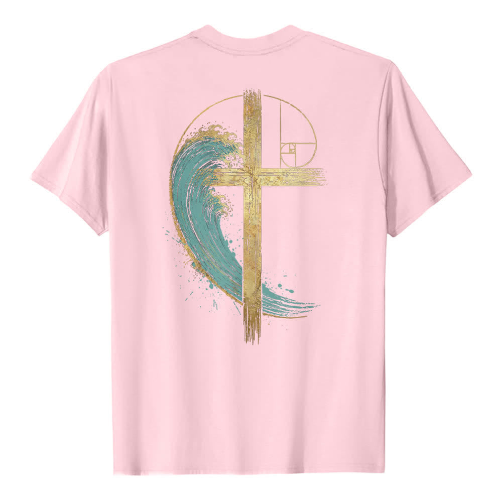 Christianartworkshop Golden Cross Wave Fibonacci Dual Side Print Classic T-shirt - image 4