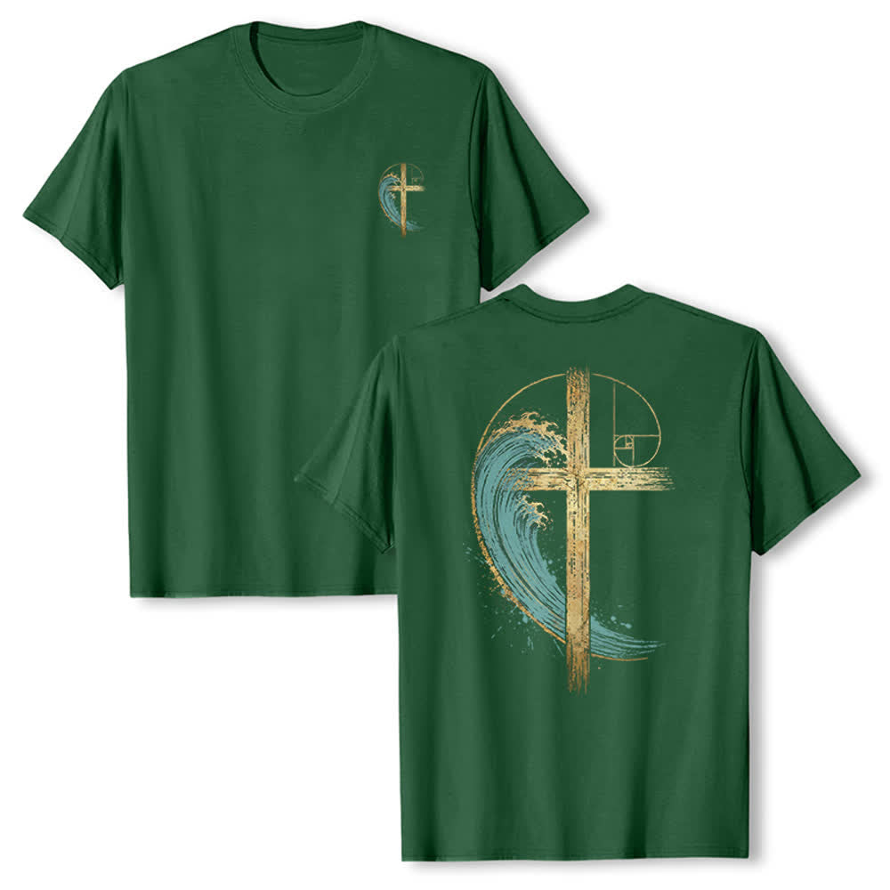 Christianartworkshop Golden Cross Wave Fibonacci Dual Side Print Classic T-shirt - Dark Green - 2XL - image 15