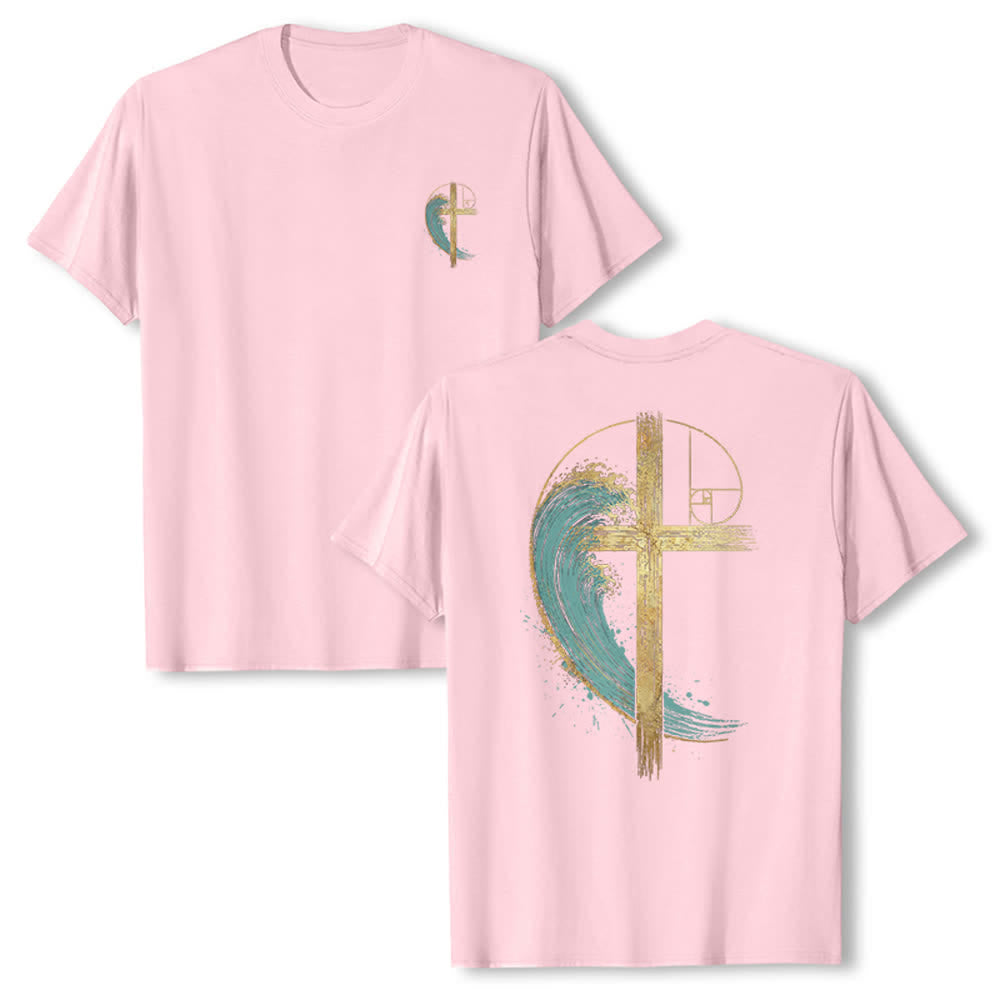 Christianartworkshop Golden Cross Wave Fibonacci Dual Side Print Classic T-shirt - Pink - 2XL - image 3