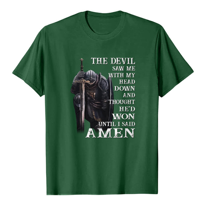 Christianartworkshop Kneeling Warrior The Devil Thought He Won Until I Said Amen Print Classic T-shirt - Dark Green - 2XL - image 6