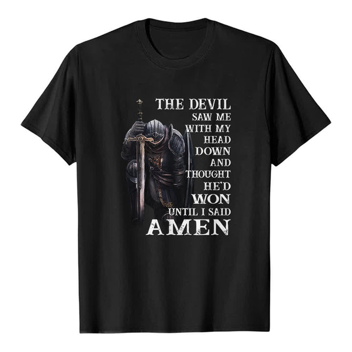 Christianartworkshop Kneeling Warrior The Devil Thought He Won Until I Said Amen Print Classic T-shirt - Black - 2XL - image 7
