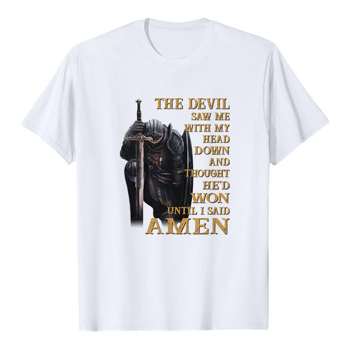 Christianartworkshop Kneeling Warrior The Devil Thought He Won Until I Said Amen Print Classic T-shirt - White - 2XL - image 3