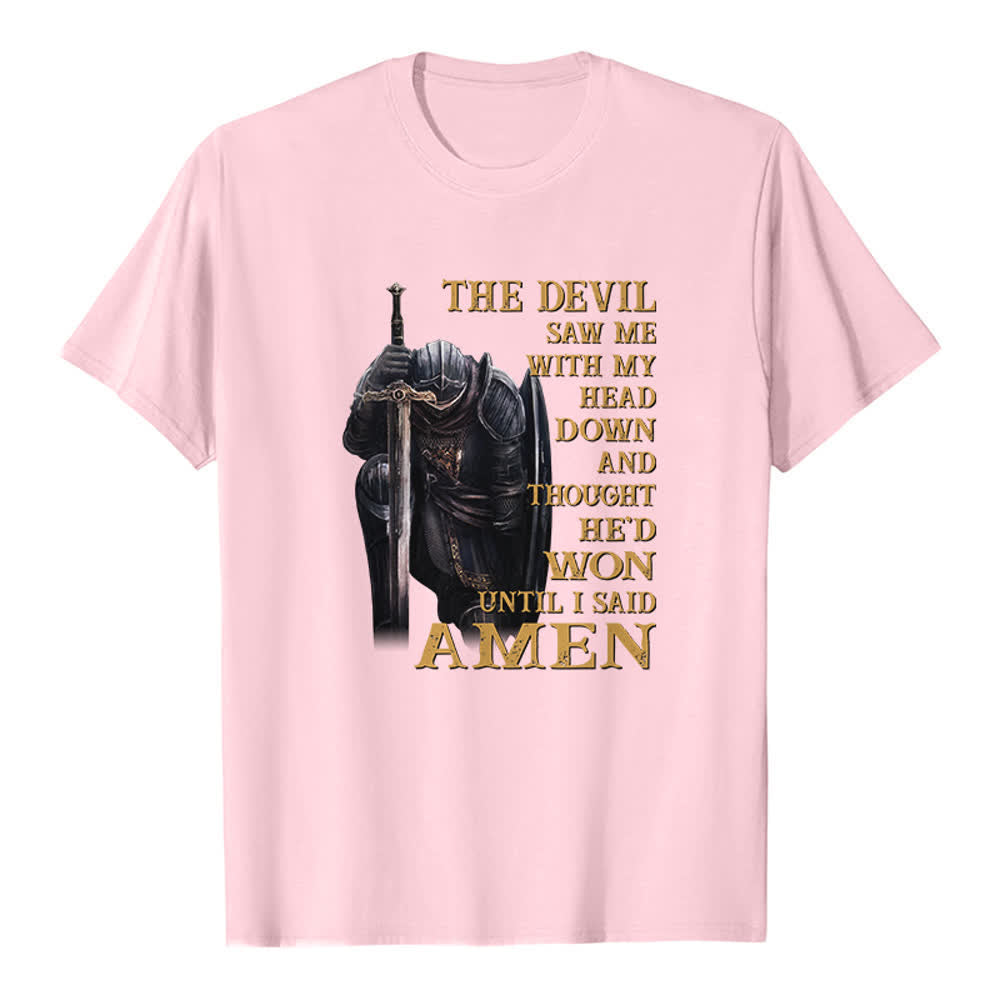 Christianartworkshop Kneeling Warrior The Devil Thought He Won Until I Said Amen Print Classic T-shirt - Pink - 2XL - image 2