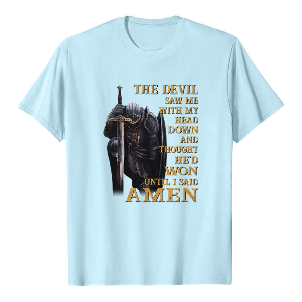 Christianartworkshop Kneeling Warrior The Devil Thought He Won Until I Said Amen Print Classic T-shirt - Blue - 2XL - image 8