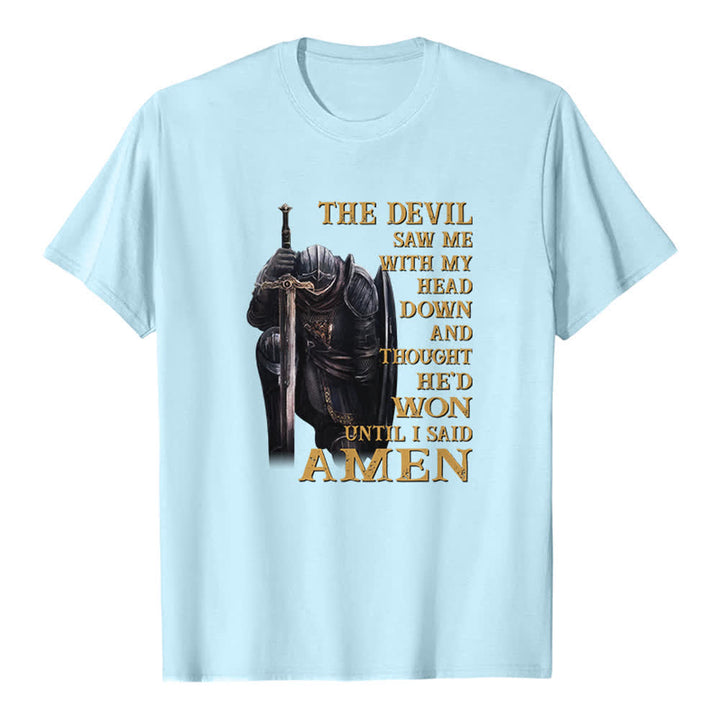 Christianartworkshop Kneeling Warrior The Devil Thought He Won Until I Said Amen Print Classic T-shirt - Blue - 2XL - image 8
