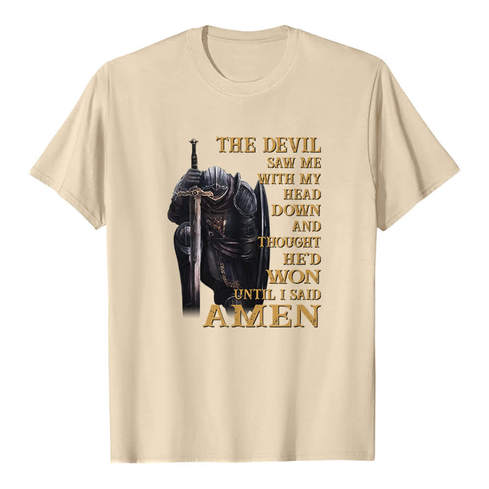 Christianartworkshop Kneeling Warrior The Devil Thought He Won Until I Said Amen Print Classic T-shirt - Beige - 2XL - image 4