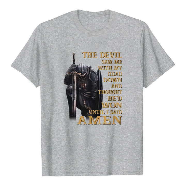 Christianartworkshop Kneeling Warrior The Devil Thought He Won Until I Said Amen Print Classic T-shirt - Grey - 2XL - image 5