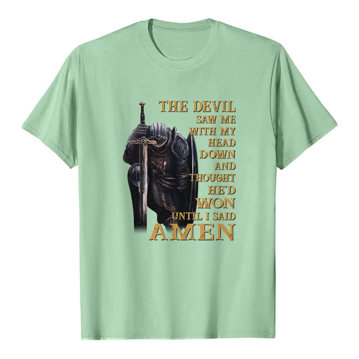 Christianartworkshop Kneeling Warrior The Devil Thought He Won Until I Said Amen Print Classic T-shirt - Light Green - 2XL - image 1