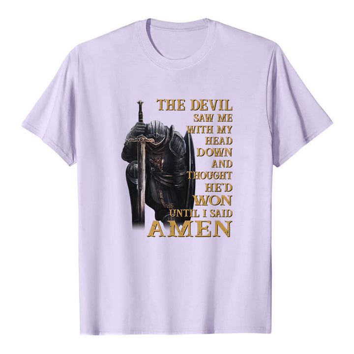 Christianartworkshop Kneeling Warrior The Devil Thought He Won Until I Said Amen Print Classic T-shirt - Purple - 2XL - image 0
