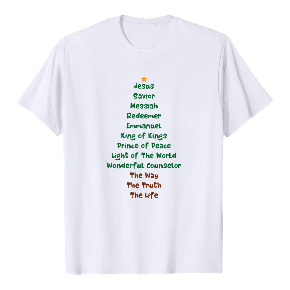 Christianartworkshop Dual-Side Jesus Names Christmas Tree Letter Print Classic T-shirt - White - 2XL - image 6