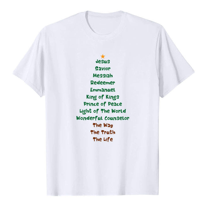 Christianartworkshop Dual-Side Jesus Names Christmas Tree Letter Print Classic T-shirt - White - 2XL - image 6
