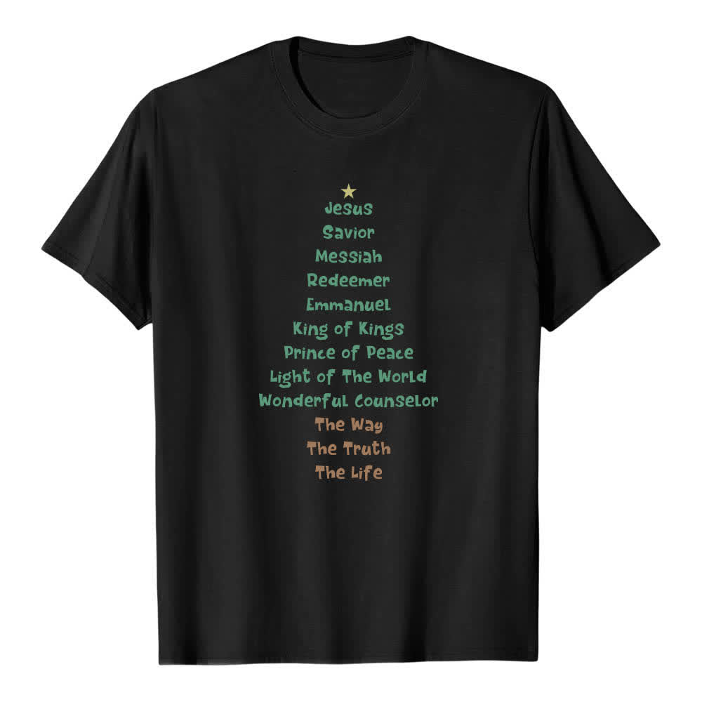 Christianartworkshop Dual-Side Jesus Names Christmas Tree Letter Print Classic T-shirt - Black - 2XL - image 1