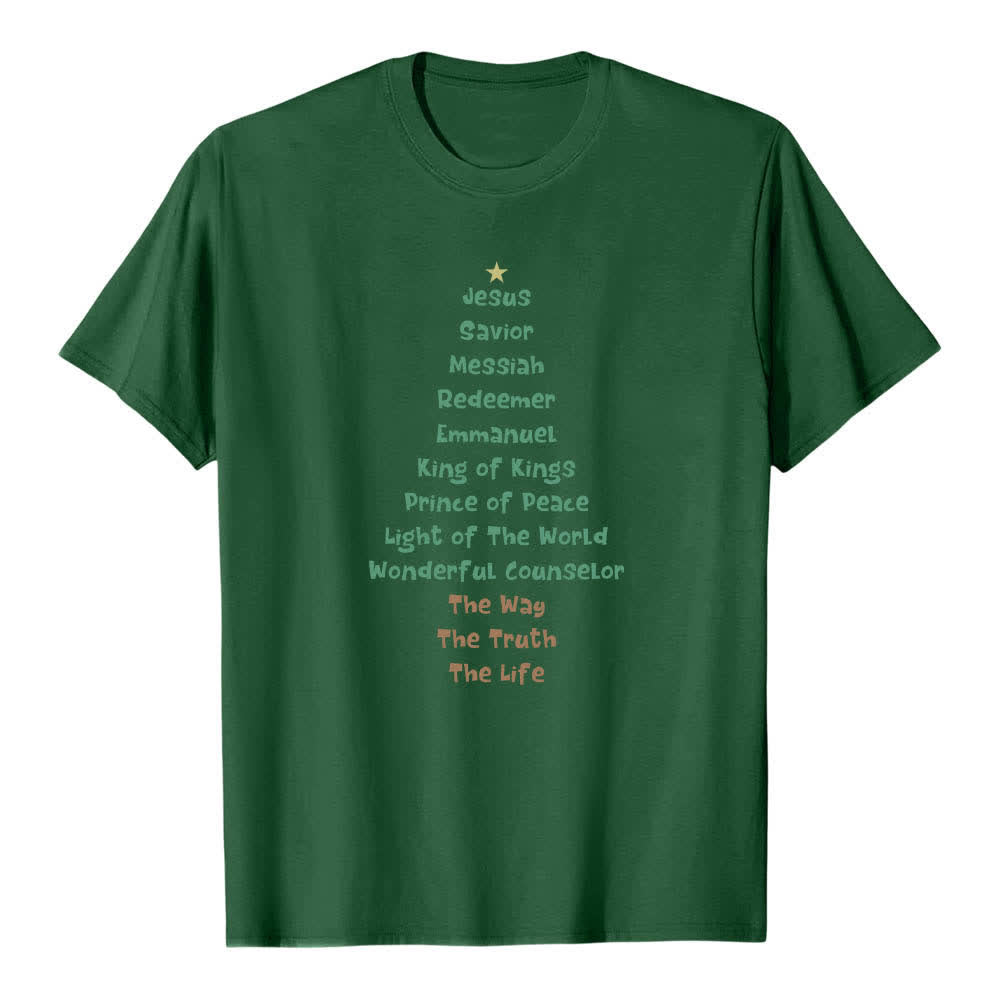 Christianartworkshop Dual-Side Jesus Names Christmas Tree Letter Print Classic T-shirt - Dark Green - 2XL - image 0
