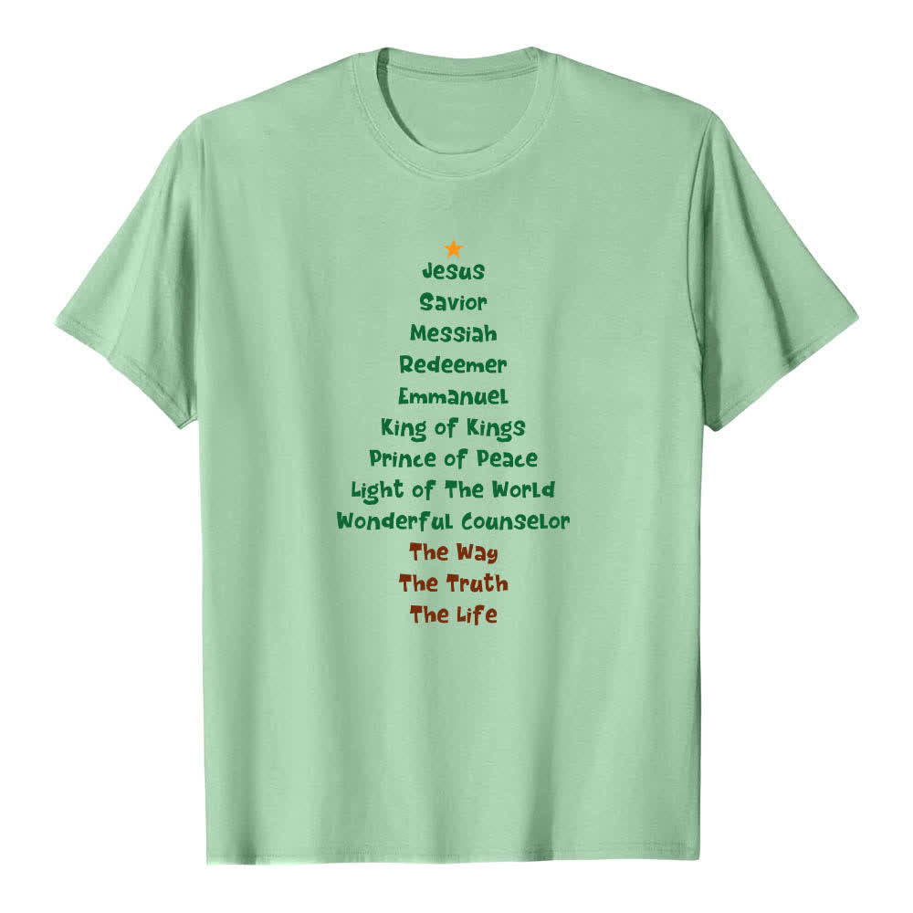 Christianartworkshop Dual-Side Jesus Names Christmas Tree Letter Print Classic T-shirt - Light Green - 2XL - image 4