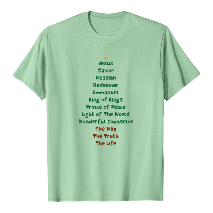 Christianartworkshop Dual-Side Jesus Names Christmas Tree Letter Print Classic T-shirt - Light Green - 2XL - image 4