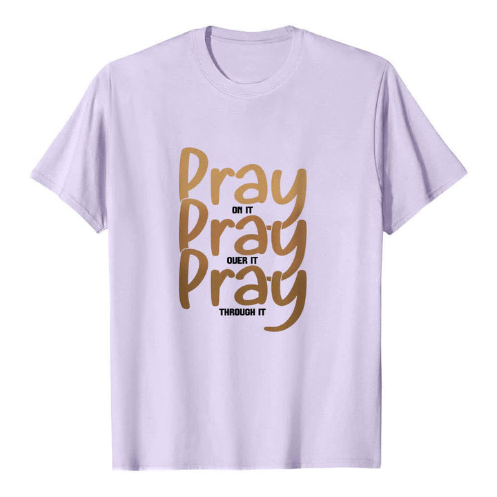 Christianartworkshop Dual-Side Pray On It Over It Through It Letter Print Classic T-shirt - Purple - 2XL - image 4