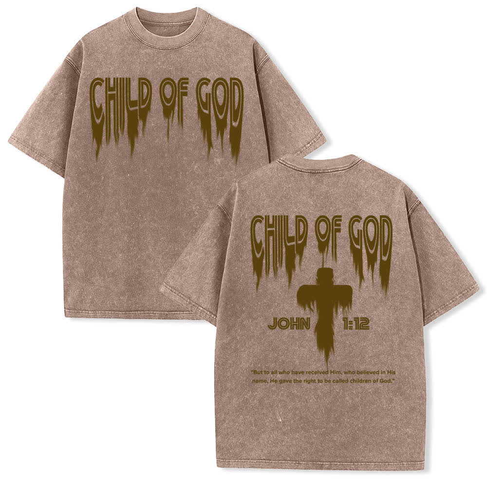 Christianartworkshop Dual-Side Child Of God John 1:12 Distressed Letter Print Washed T-shirt - Brown - 5XL - image 6