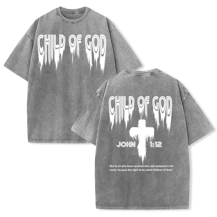 Christianartworkshop Dual-Side Child Of God John 1:12 Distressed Letter Print Washed T-shirt - Grey - 5XL - image 9