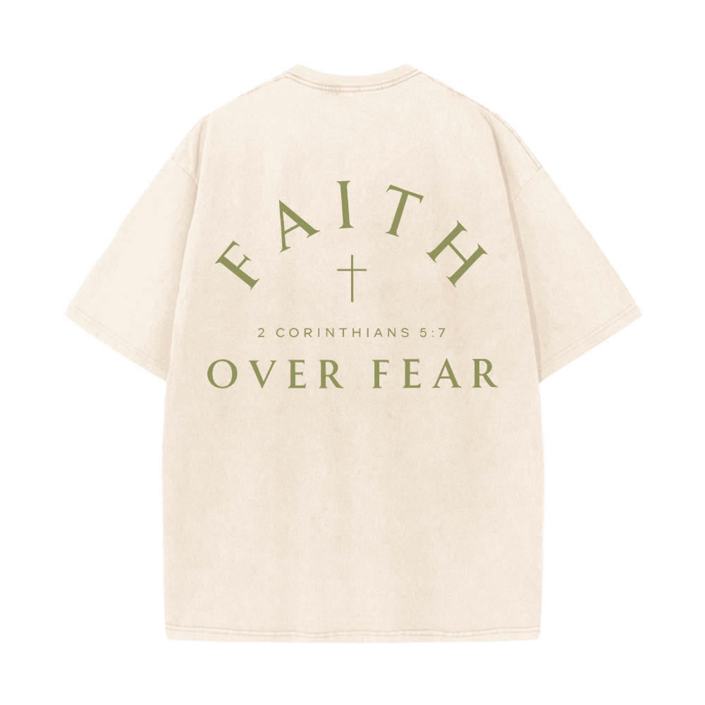 Christianartworkshop Dual-Side Faith Over Fear Cross Scripture Letter Print Washed T-shirt - image 22