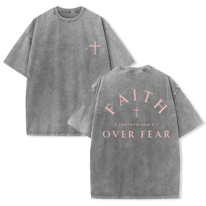 Christianartworkshop Dual-Side Faith Over Fear Cross Scripture Letter Print Washed T-shirt - Grey - 5XL - image 12