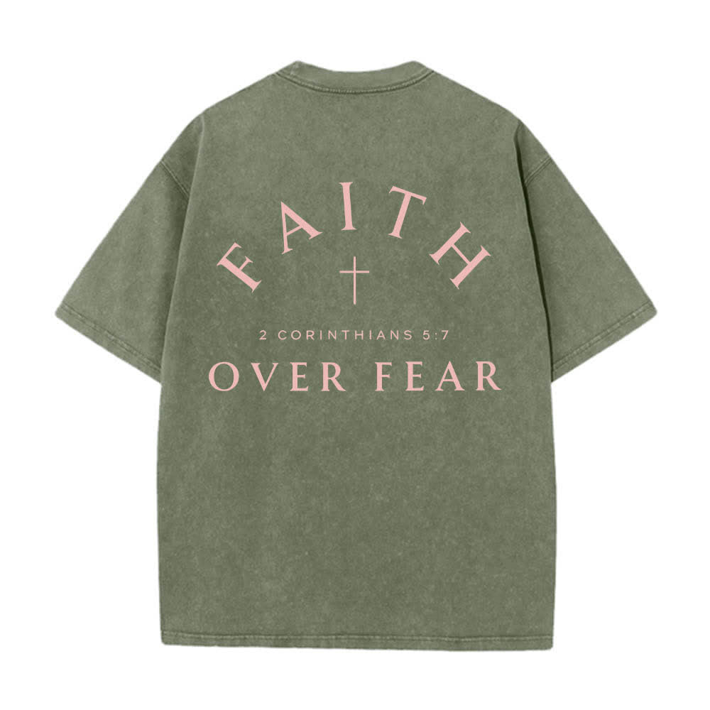 Christianartworkshop Dual-Side Faith Over Fear Cross Scripture Letter Print Washed T-shirt - image 4
