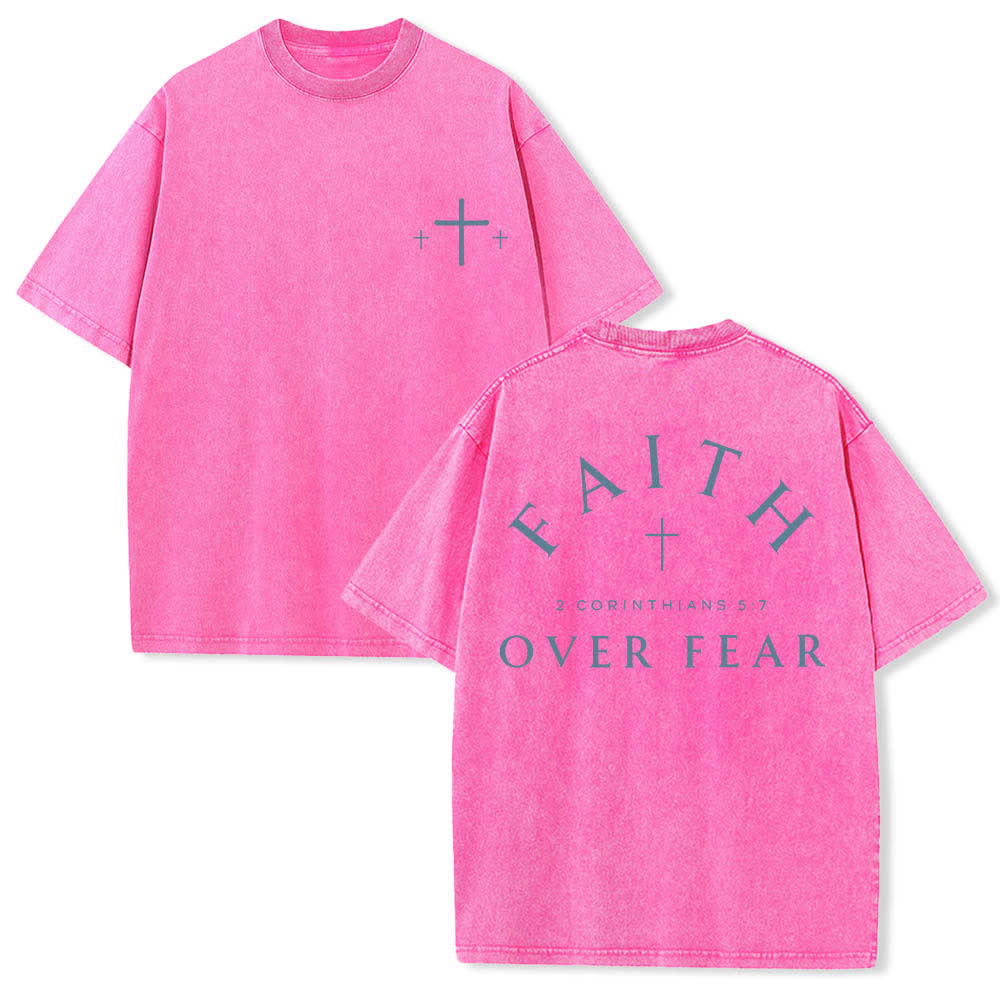 Christianartworkshop Dual-Side Faith Over Fear Cross Scripture Letter Print Washed T-shirt - Pink - 5XL - image 0
