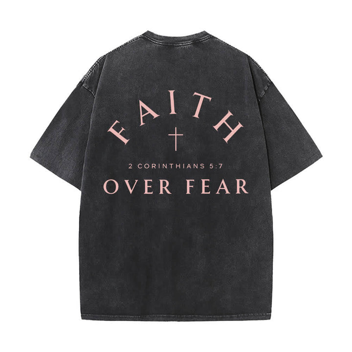 Christianartworkshop Dual-Side Faith Over Fear Cross Scripture Letter Print Washed T-shirt - image 19