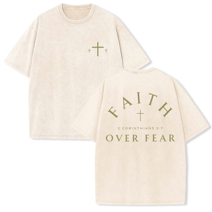 Christianartworkshop Dual-Side Faith Over Fear Cross Scripture Letter Print Washed T-shirt - Beige - 5XL - image 21
