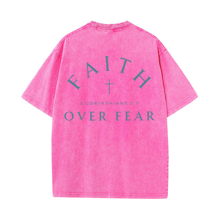 Christianartworkshop Dual-Side Faith Over Fear Cross Scripture Letter Print Washed T-shirt - image 1