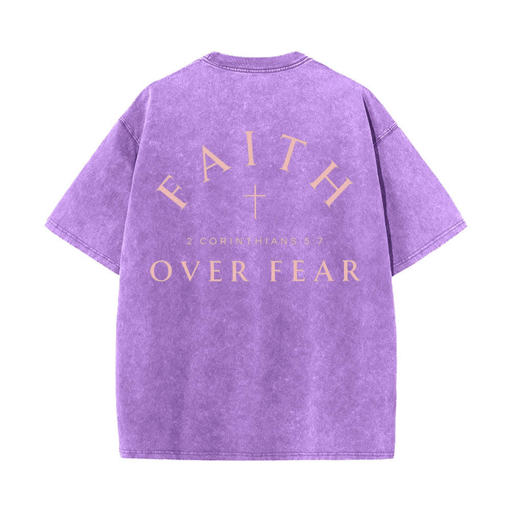 Christianartworkshop Dual-Side Faith Over Fear Cross Scripture Letter Print Washed T-shirt - image 25