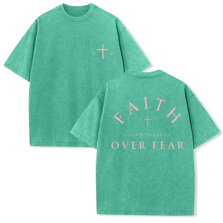 Christianartworkshop Dual-Side Faith Over Fear Cross Scripture Letter Print Washed T-shirt - Green - 5XL - image 15