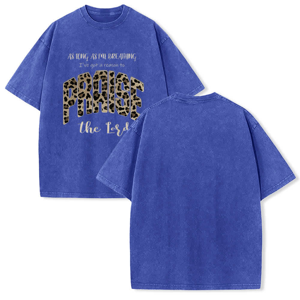 Christianartworkshop Dual-Side Praise The Lord Leopard Print Letter Washed T-shirt - Blue - 5XL - image 9