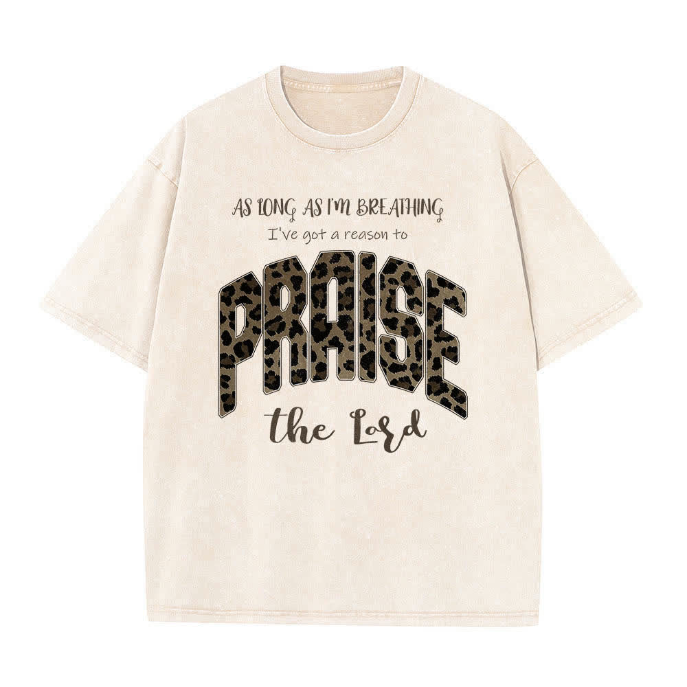 Christianartworkshop Dual-Side Praise The Lord Leopard Print Letter Washed T-shirt - Beige - 5XL - image 8