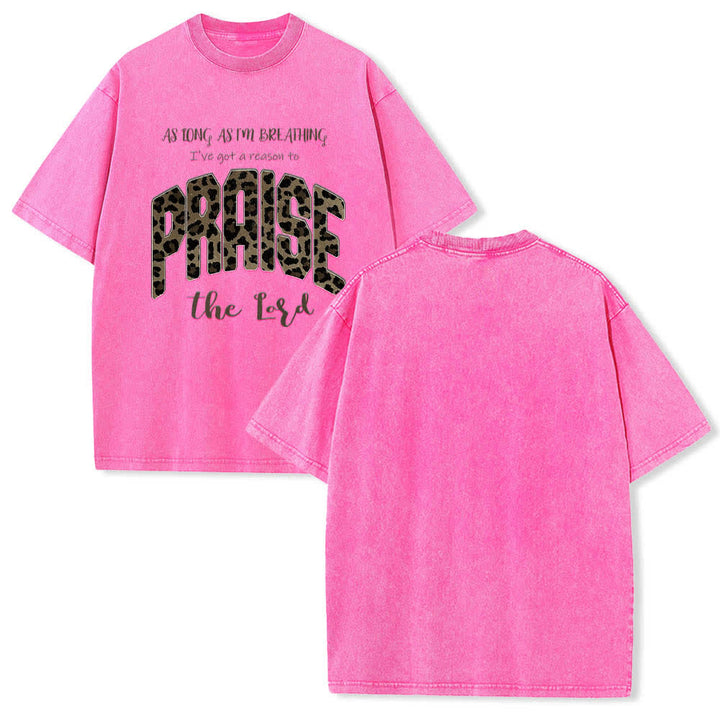 Christianartworkshop Dual-Side Praise The Lord Leopard Print Letter Washed T-shirt - Pink - 5XL - image 3