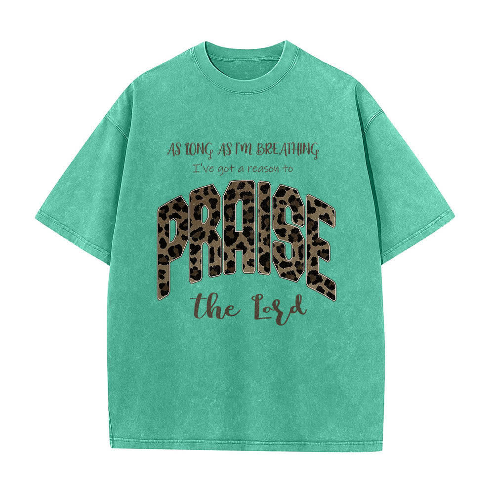 Christianartworkshop Dual-Side Praise The Lord Leopard Print Letter Washed T-shirt - Green - 5XL - image 6