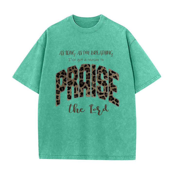 Christianartworkshop Dual-Side Praise The Lord Leopard Print Letter Washed T-shirt - Green - 5XL - image 6