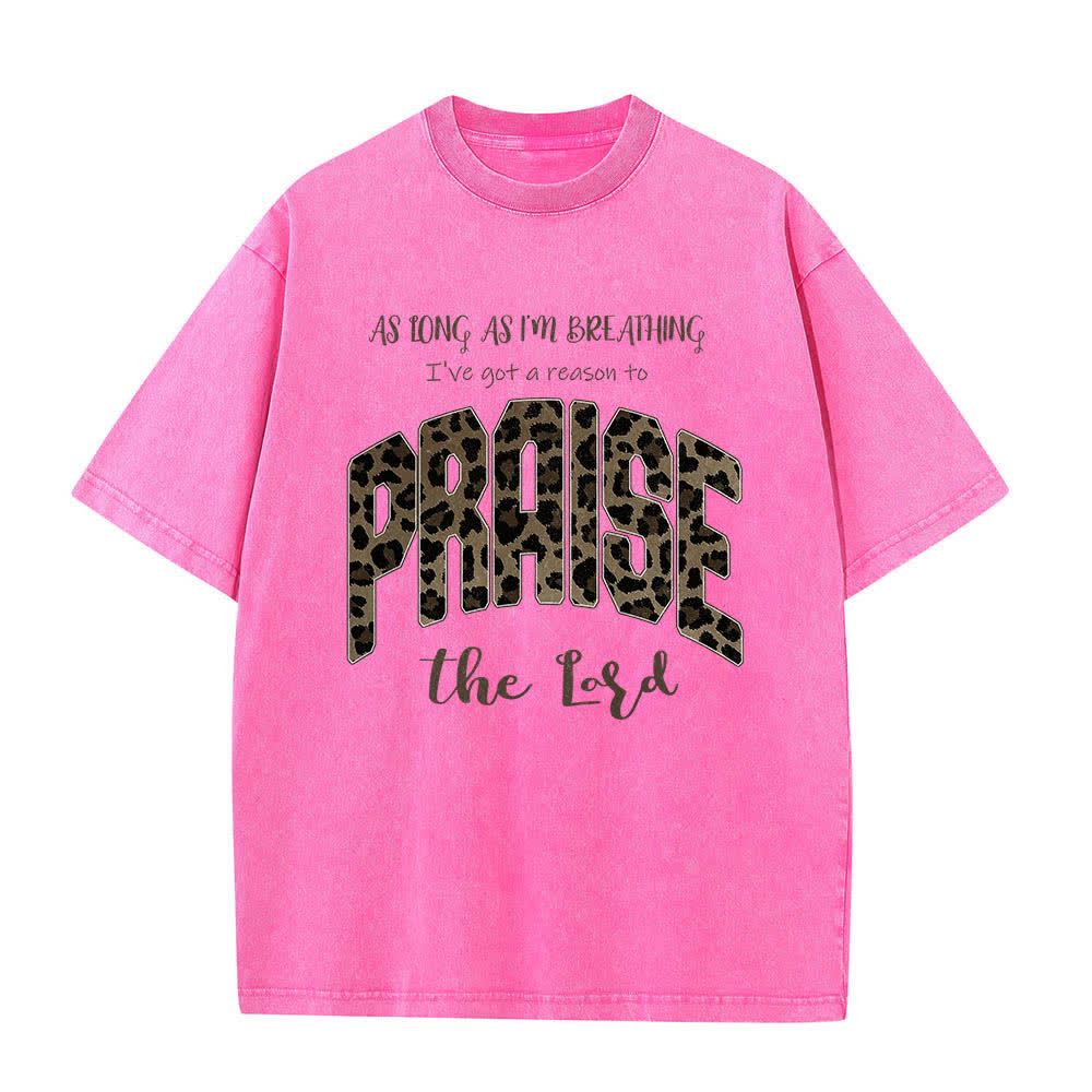 Christianartworkshop Dual-Side Praise The Lord Leopard Print Letter Washed T-shirt - Pink - 5XL - image 1
